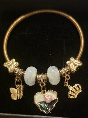 Gold-Tone Charm Bracelet with White Beads and Floral Heart Charm